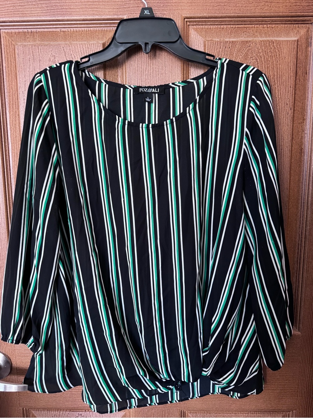Women’s Roz & Ali Black Blouse with Green & White Stripes